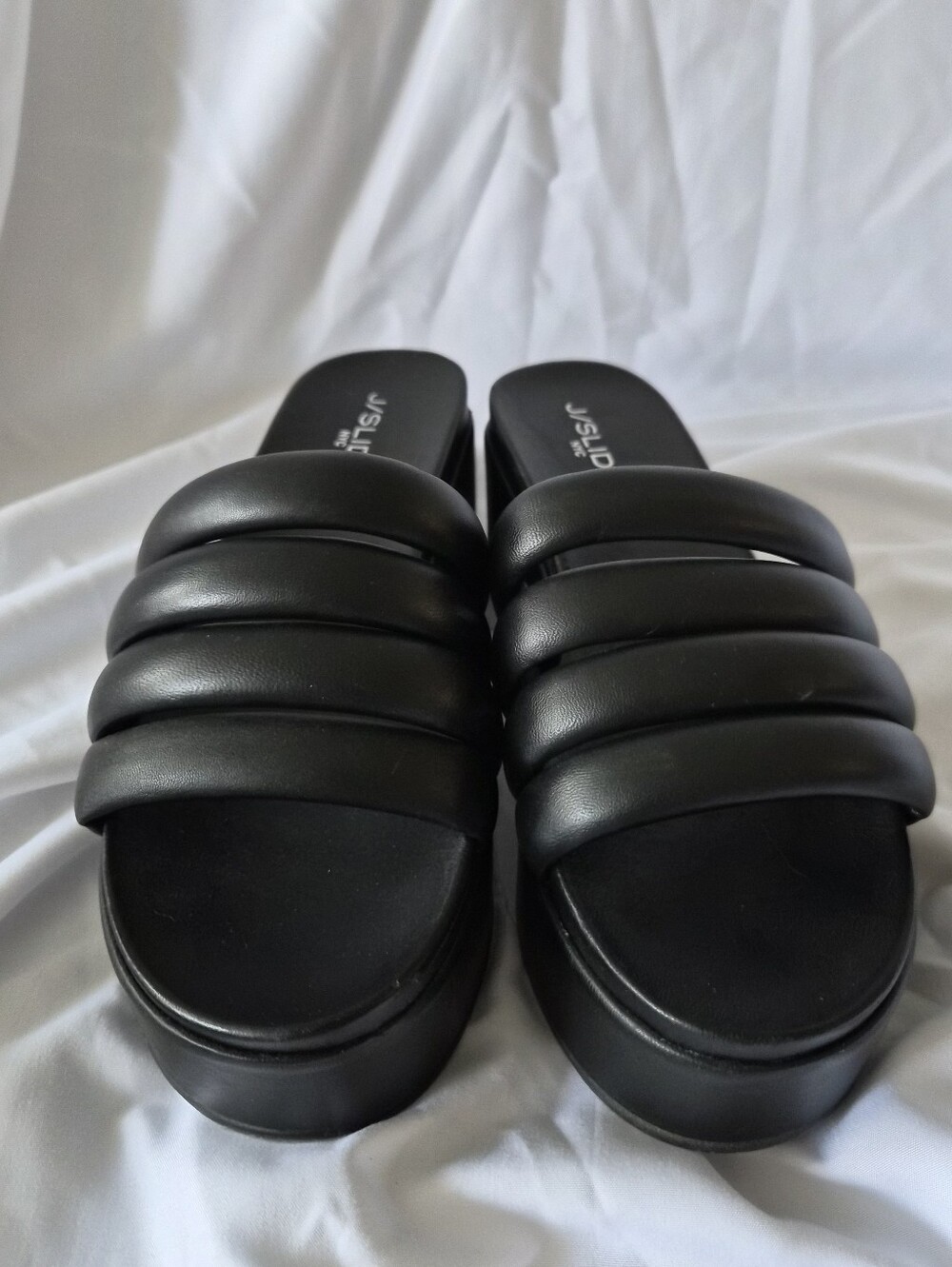 J/Slides NYC Quirky Black Leather Padded Platform Wedge Slide Sandals Size 8